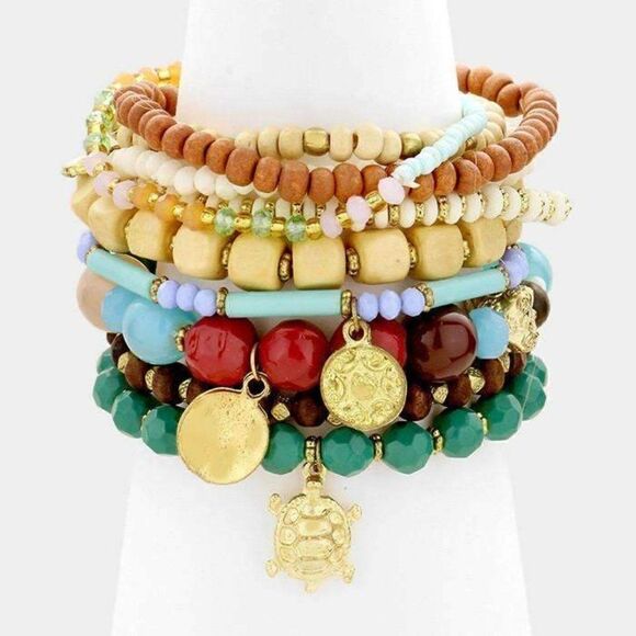 Turtle Charm Multi-Color Boho Set of 10 Strand Bracelets - Picture 1 of 6